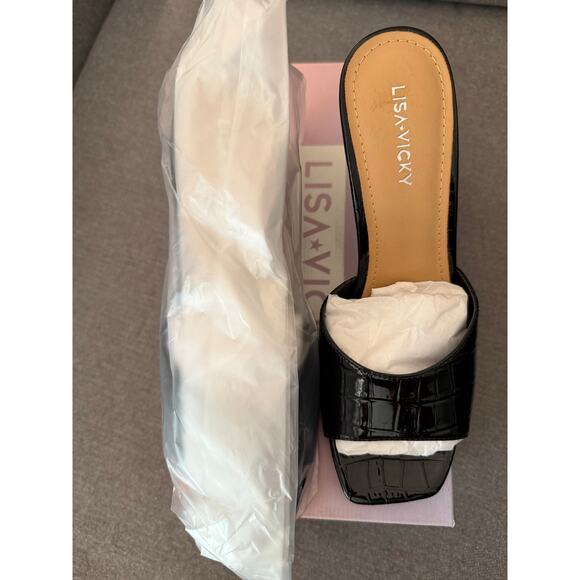 NEW Lisa Vicky Nordstrom Adore-V Croco Wedge Sandals Black Patent Leather 6.5 - Picture 5 of 7